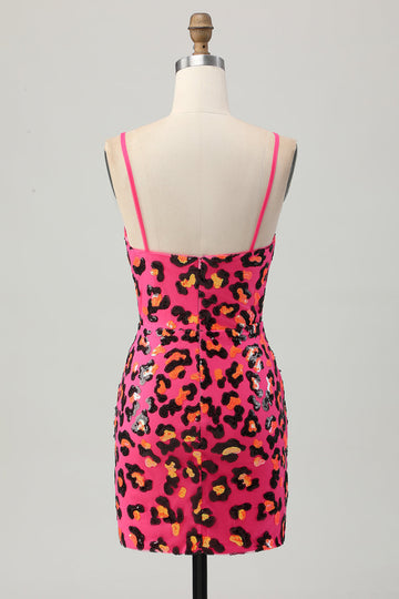 Fucsia Bodycon Tirantes de Espagueti Lentejuelas Vestido de Regreso a Casa con Abertura